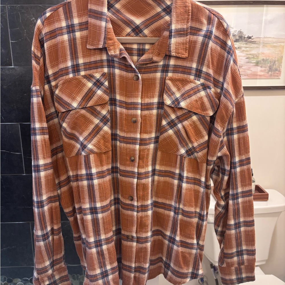 Orange Plaid Button-Up Shirt